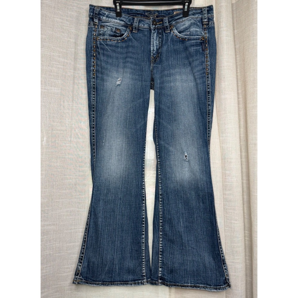 Y2K Silver Jeans Co Frances Flare Distressed Blue Denim Embroidered Womens 14/31